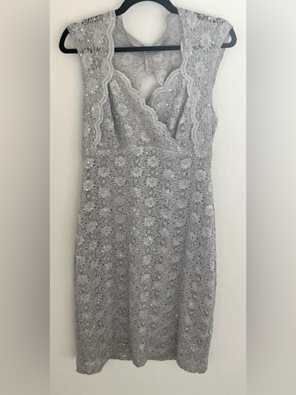 Connected Apparel Silver Lace Sequin Cap-Sleeve Midi Dress Size 16